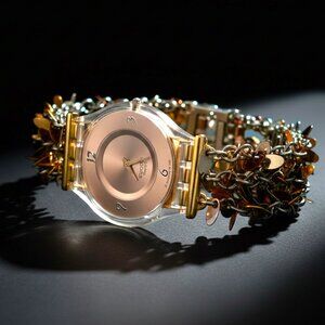 Swatch SFK189G “Golden Cry” Gold Bracelet Watch- Dangling Charm Band- Swiss Made